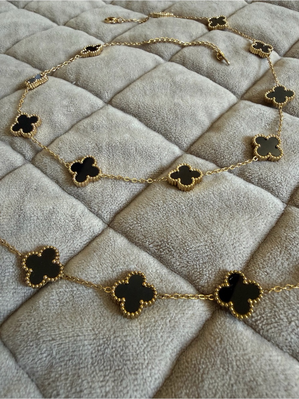 Gold and Black Clover Station Necklace and matching bracelet Women Jewelry